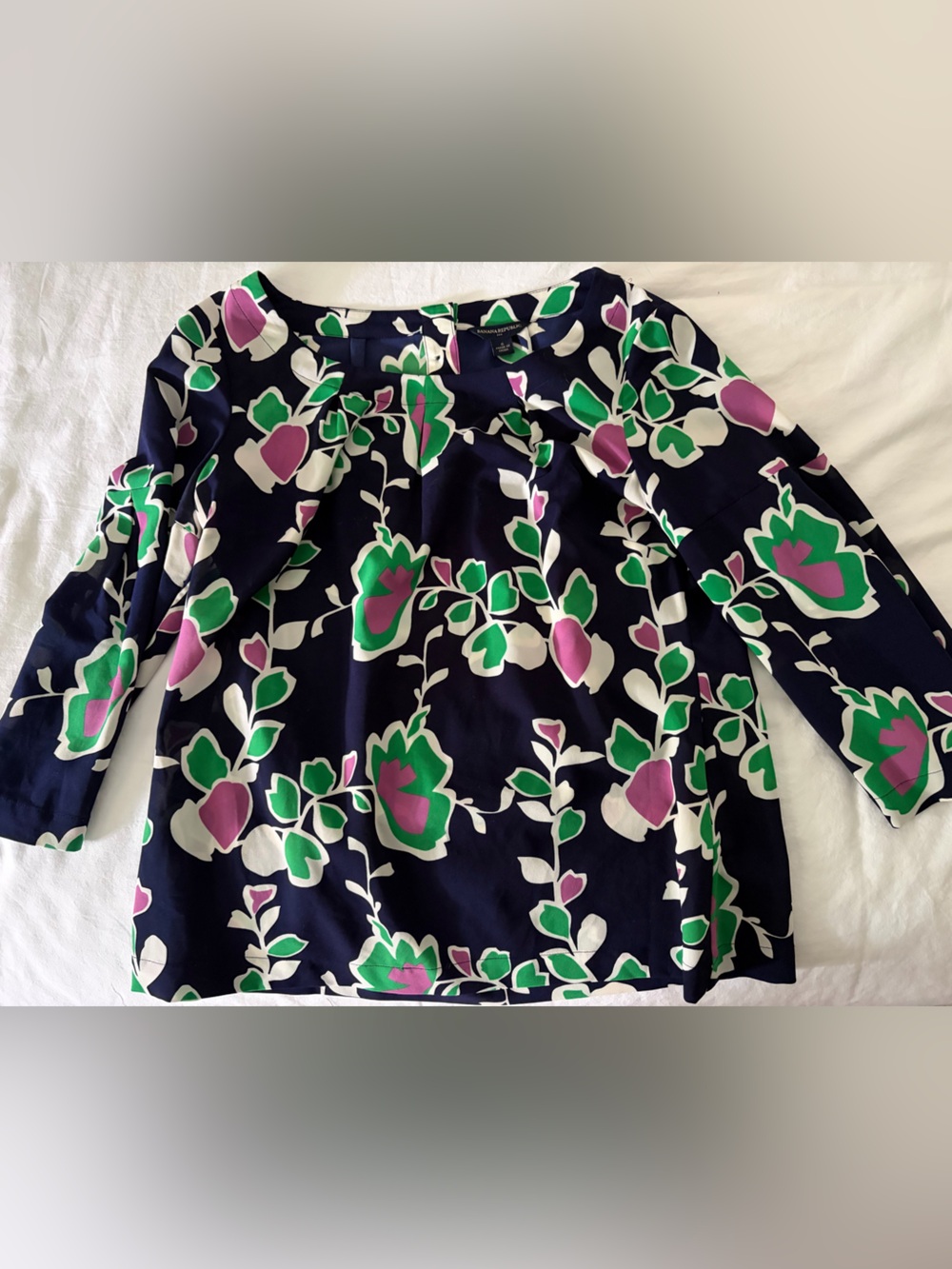Banana Republic Navy Floral Top with Green & Pink Leaves